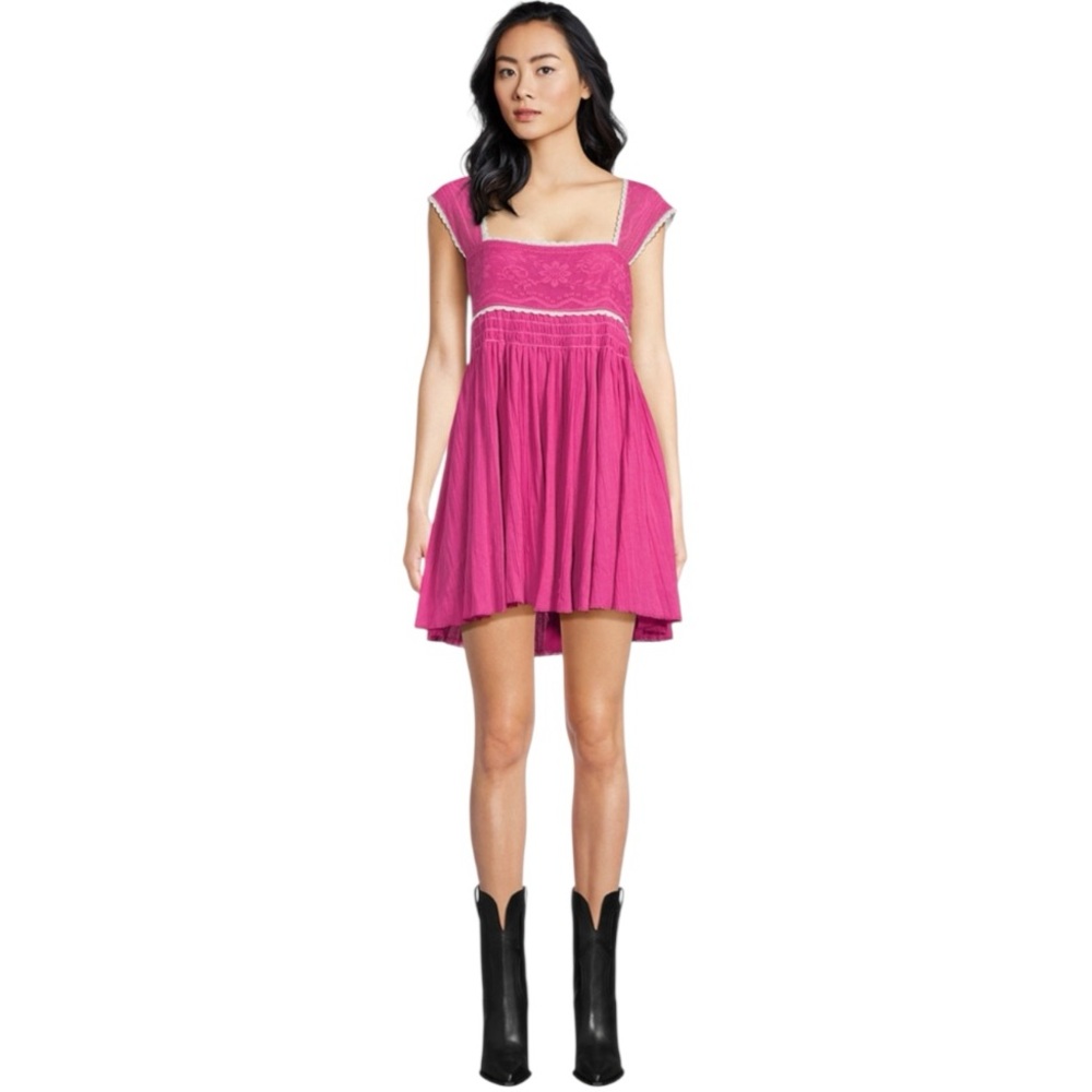 Free People Fuchsia Pink Mini Dress with Lace Trim